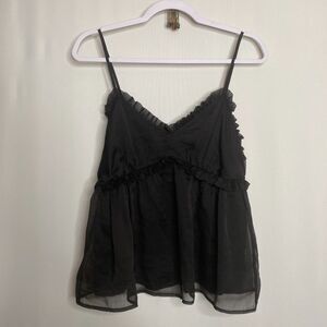 Pinch Y2K Babydoll Ruffle Trimmed Camisole Top Black Mesh Size Small